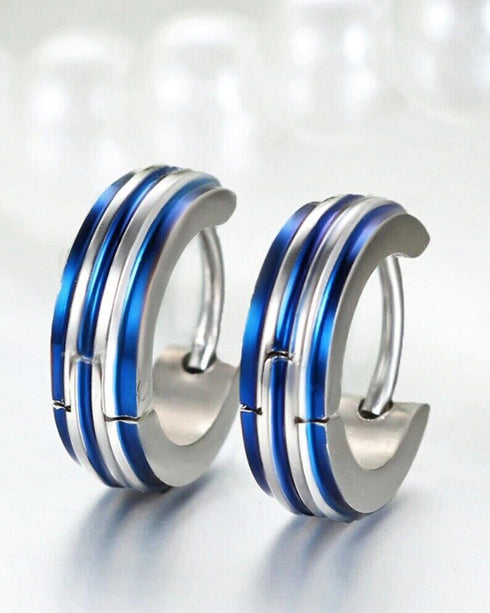 316L Surgical Steel Striped Blue/Black Men Women Hypoallergenic Hoop Earrings